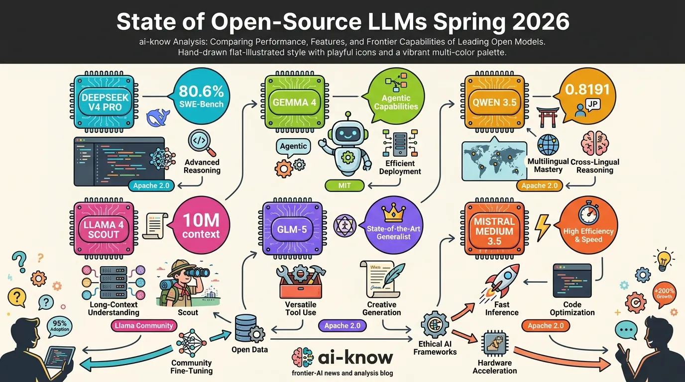 Overview infographic of open-source LLMs in spring 2026 — DeepSeek V4, Gemma 4, Qwen 3.5, Llama 4