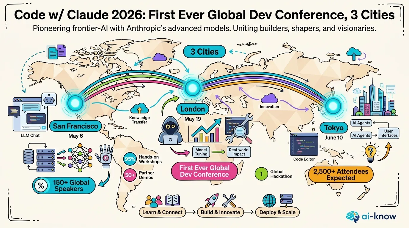 A stylized world map graphic connecting San Francisco, London, and Tokyo city nodes with glowing cyan lines, with "Code w/ Claude 2026" event branding, "3 Cities" and "First Ever" callouts in rounded rectangles