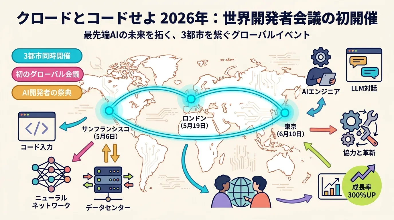 サンフランシスコ・ロンドン・東京の 3 都市ノードを輝くシアンラインで結んだ世界地図グラフィック。「Code w/ Claude 2026」のイベントブランドと「3都市」「初開催」の数値コールアウトが配置されている