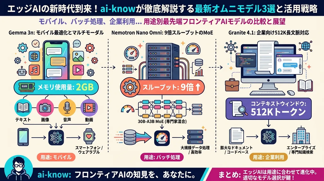 Gemma 3n・Nemotron Nano Omni・Granite 4.1 の3モデルを「メモリ消費 2GB / 3GB / 16GB+」「対応モダリティ数 4 / 3 / 2」「用途：モバイル / バッチ / エンタープライズ」軸で並べた比較インフォグラフィック
