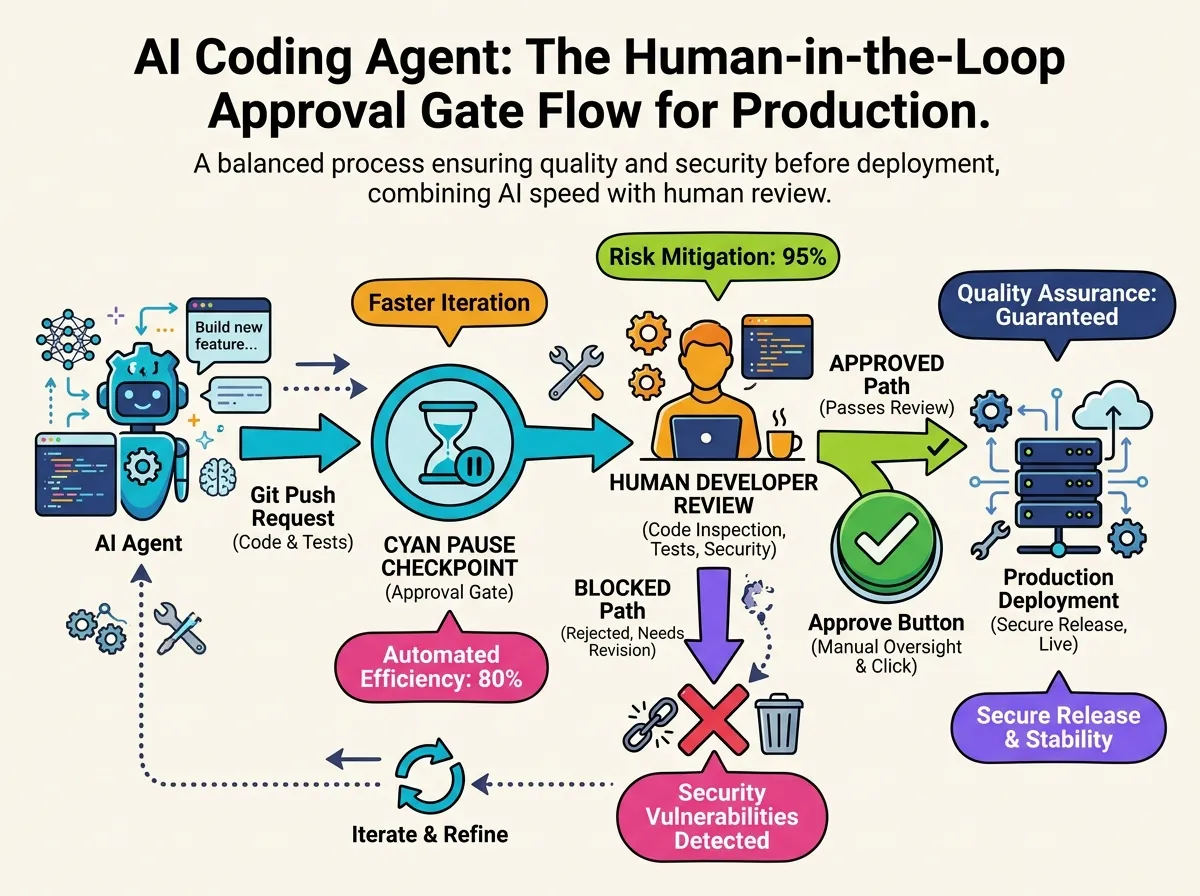 Human-in-the-loop approval flow diagram. An AI agent attempts a high-risk git push operation; a cyan pause symbol represents the human review gate before the operation proceeds.