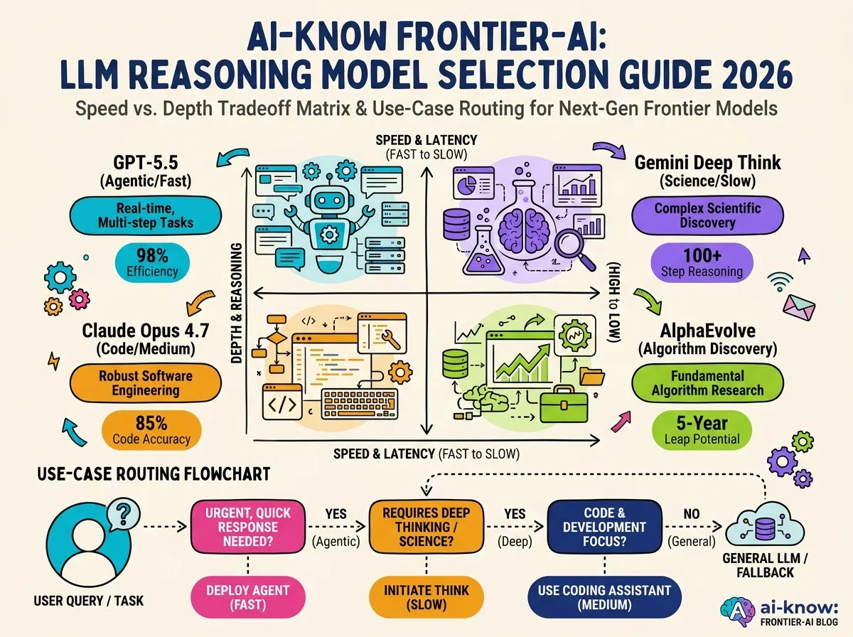 2×2 matrix positioning GPT-5.5, Gemini 3 Deep Think, Claude Opus 4.7 on speed-vs-depth and science/code/abstract-reasoning axes, with AlphaEvolve shown as a separate evolutionary-search category