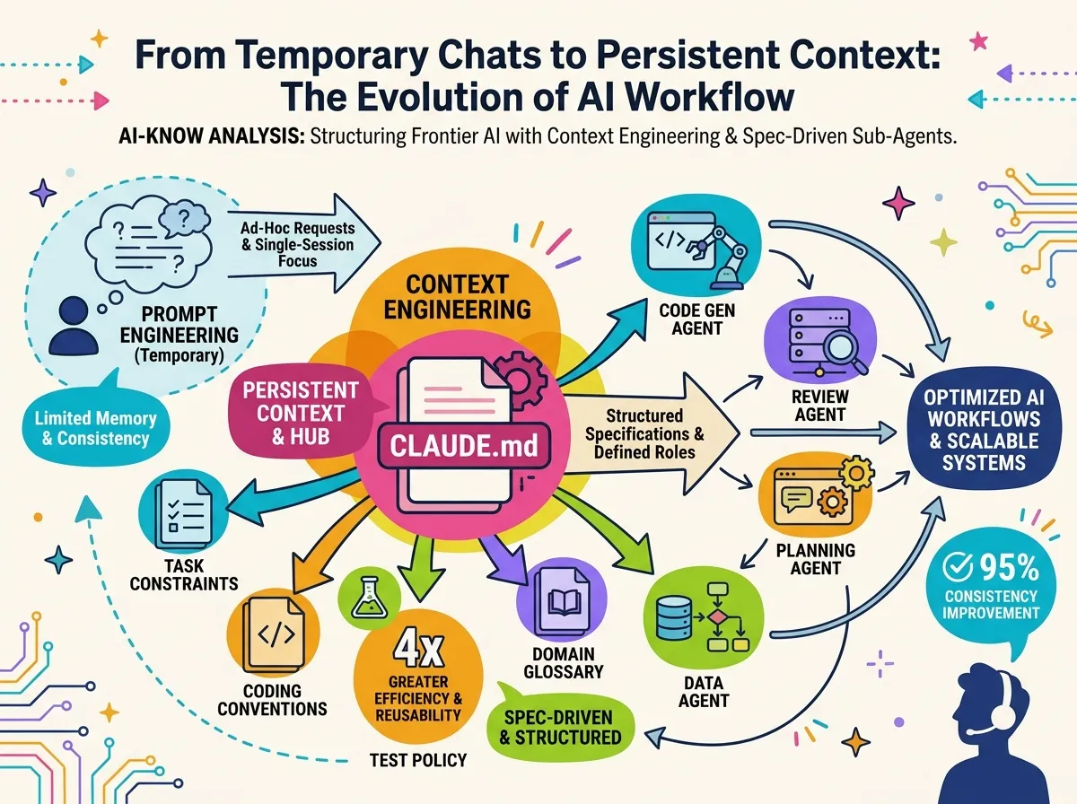 Diagram of context engineering: a CLAUDE.md spec-driven development hub propagating instructions to multiple sub-agents, illustrating persistent context in a single file