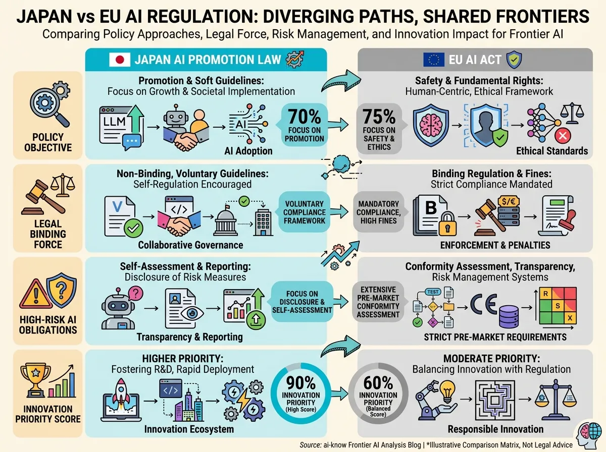 Japan vs EU AI regulation comparison matrix: four dimensions (objective, binding force, high-risk obligations, innovation priority) across two columns (Japan, EU), cyan accent on Japan's column