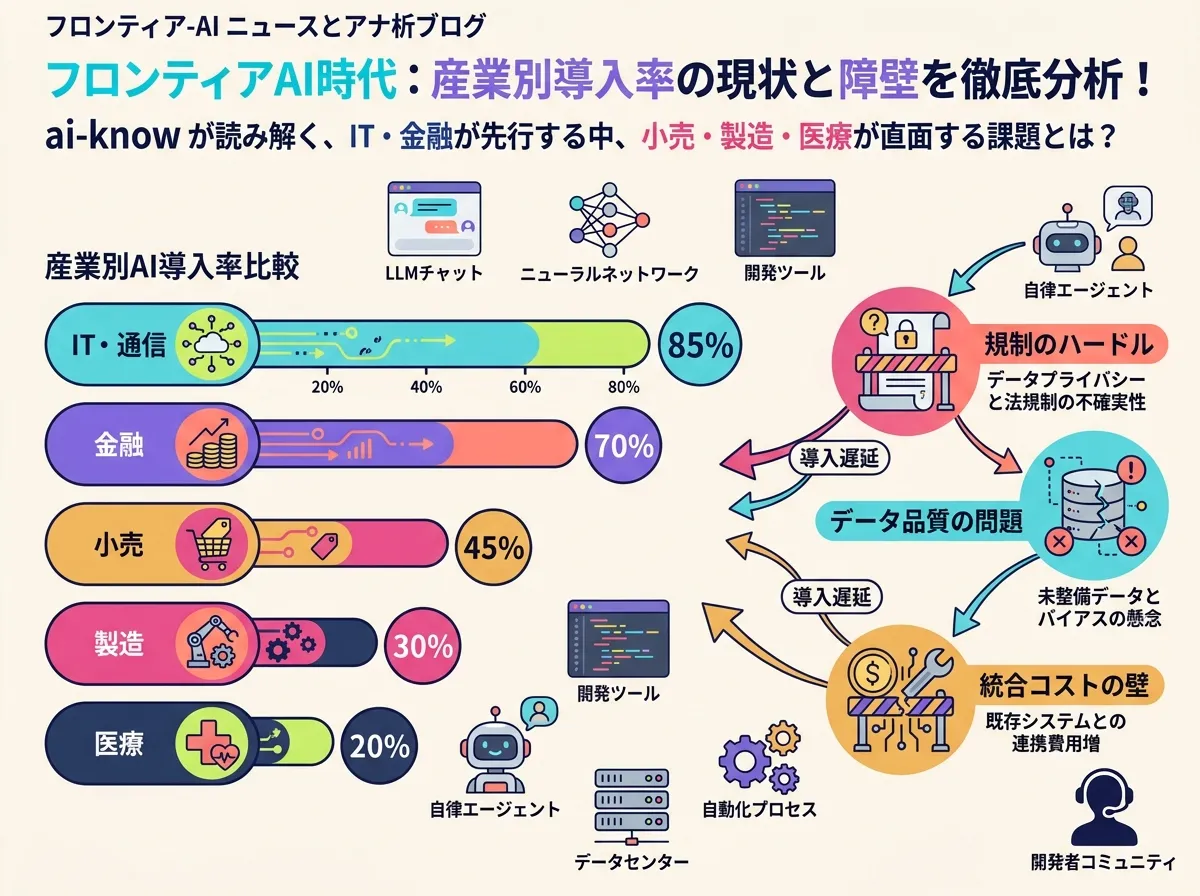 産業別 AI 採用率の比較：IT（高）、金融（高）、小売（中）、製造（低）、医療（低）を水平棒グラフで表示。規制・データ品質・統合コストの 3 障壁ラベル付き。