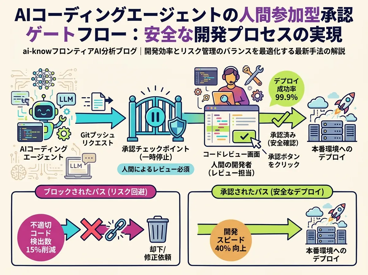 ヒューマン・イン・ザ・ループの承認フロー図。AIエージェントが高リスク操作（git push）を試みる際にシアン色の一時停止シンボルで人間レビューを要求するフロー。