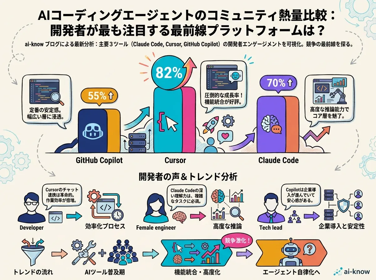 AI コーディングツール 3 社（Claude Code / Cursor / GitHub Copilot）を抽象バーチャートで比較するインフォグラフィック。開発者コミュニティへの訴求戦略軸でシアンアクセントが最長バーを強調している