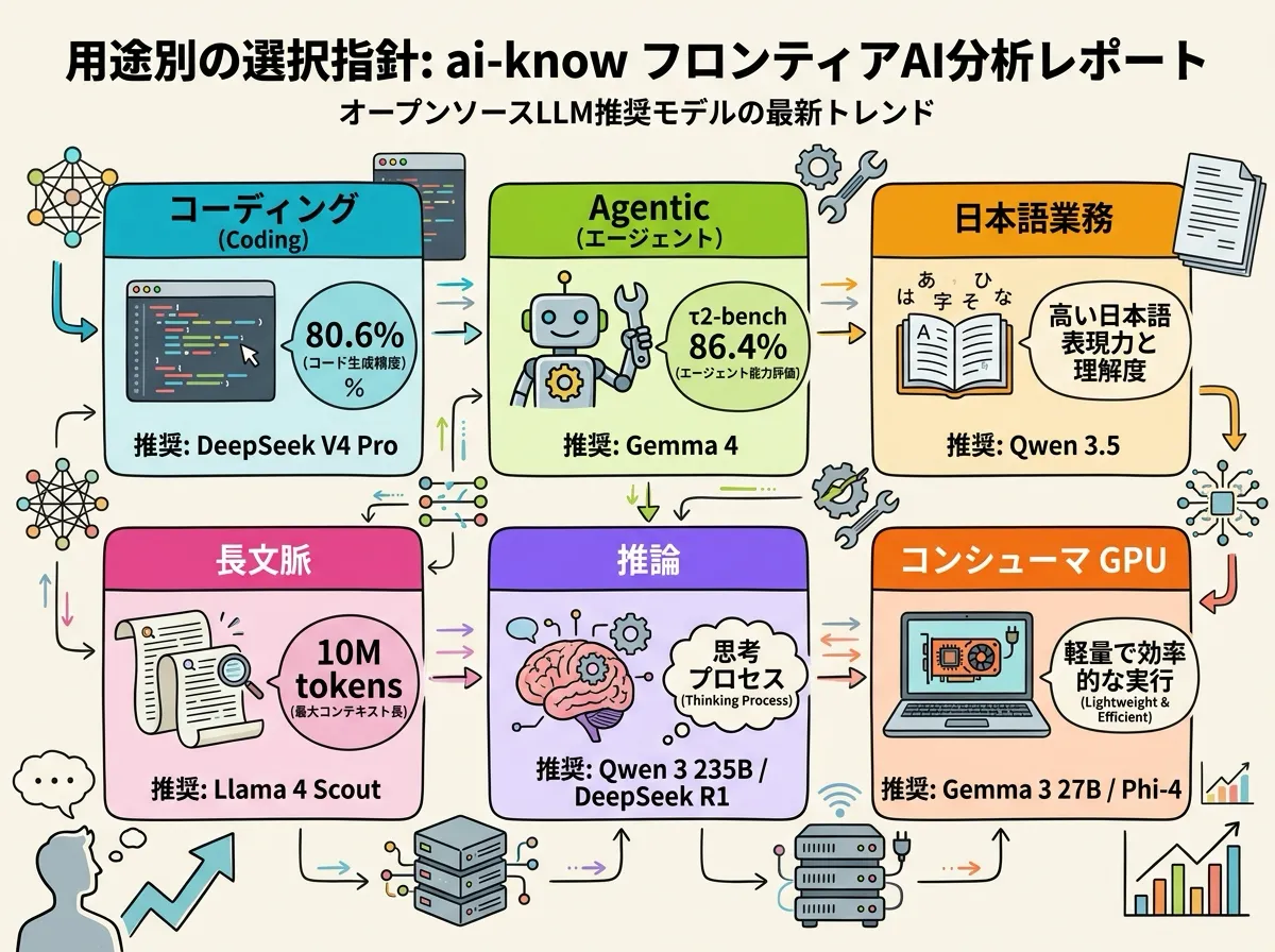 用途別に DeepSeek V4 / Gemma 4 / Qwen 3.5 / Llama 4 Scout / DeepSeek R1 / Gemma 3 27B を 6 カードで整理した選択指針マトリクス