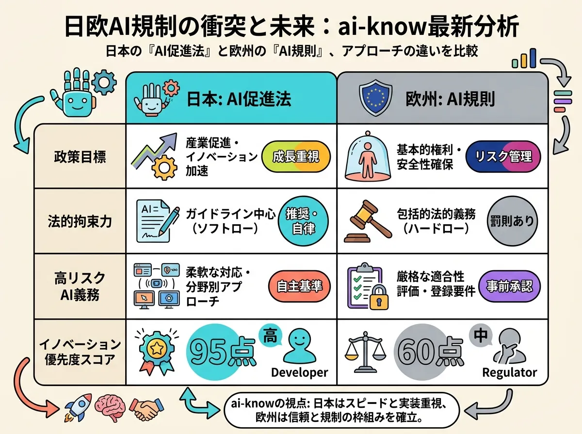 日本 vs EU の AI 規制比較マトリクス：「目的」「拘束力」「高リスク義務」「イノベーション優先度」の 4 軸と日本・EU の 2 列で構成された比較表。日本列にシアンのアクセント